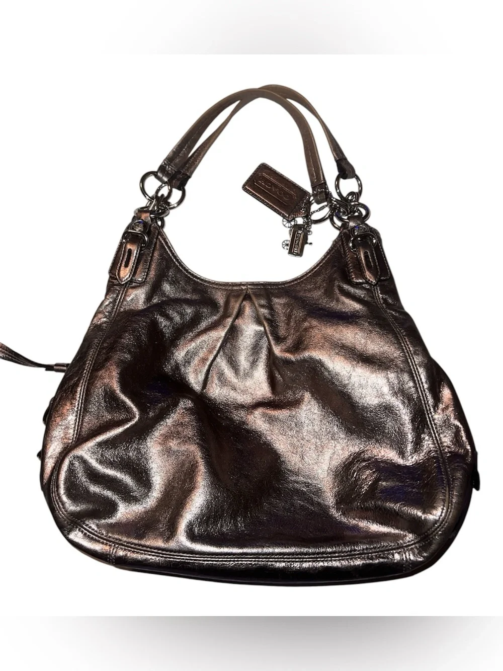 Coach Madison Maggie hobo shoulder bag featuring a metallic gunmetal leather